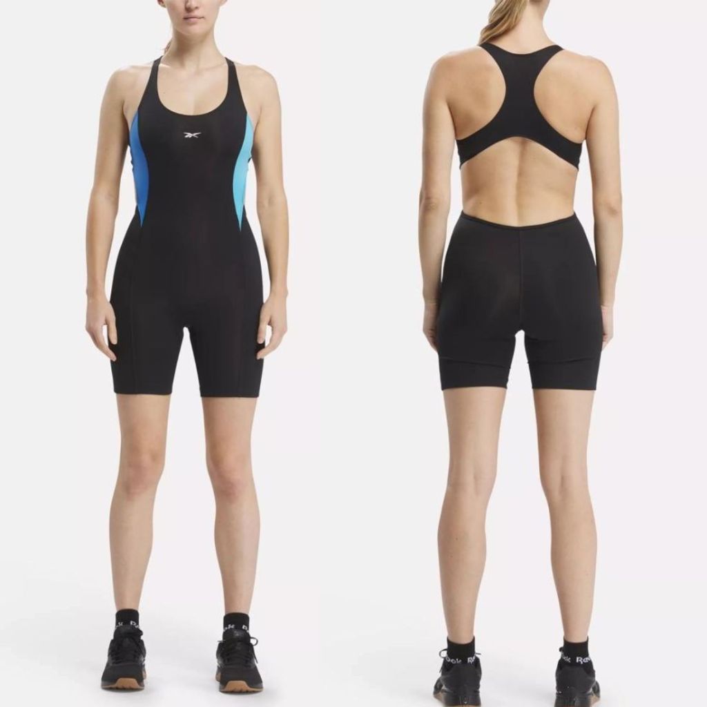 model showing back and front view of black and blue romper