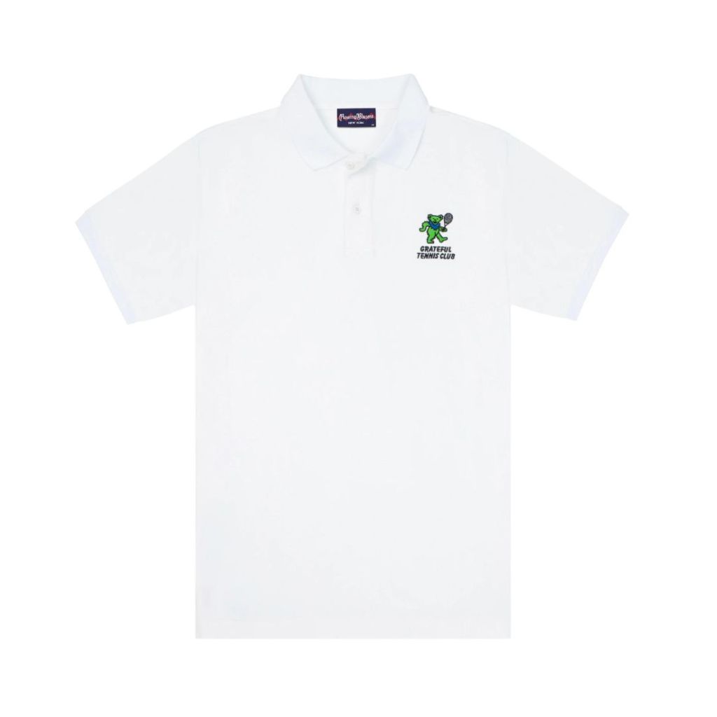 white polo with embroidered grateful dead dancing bear