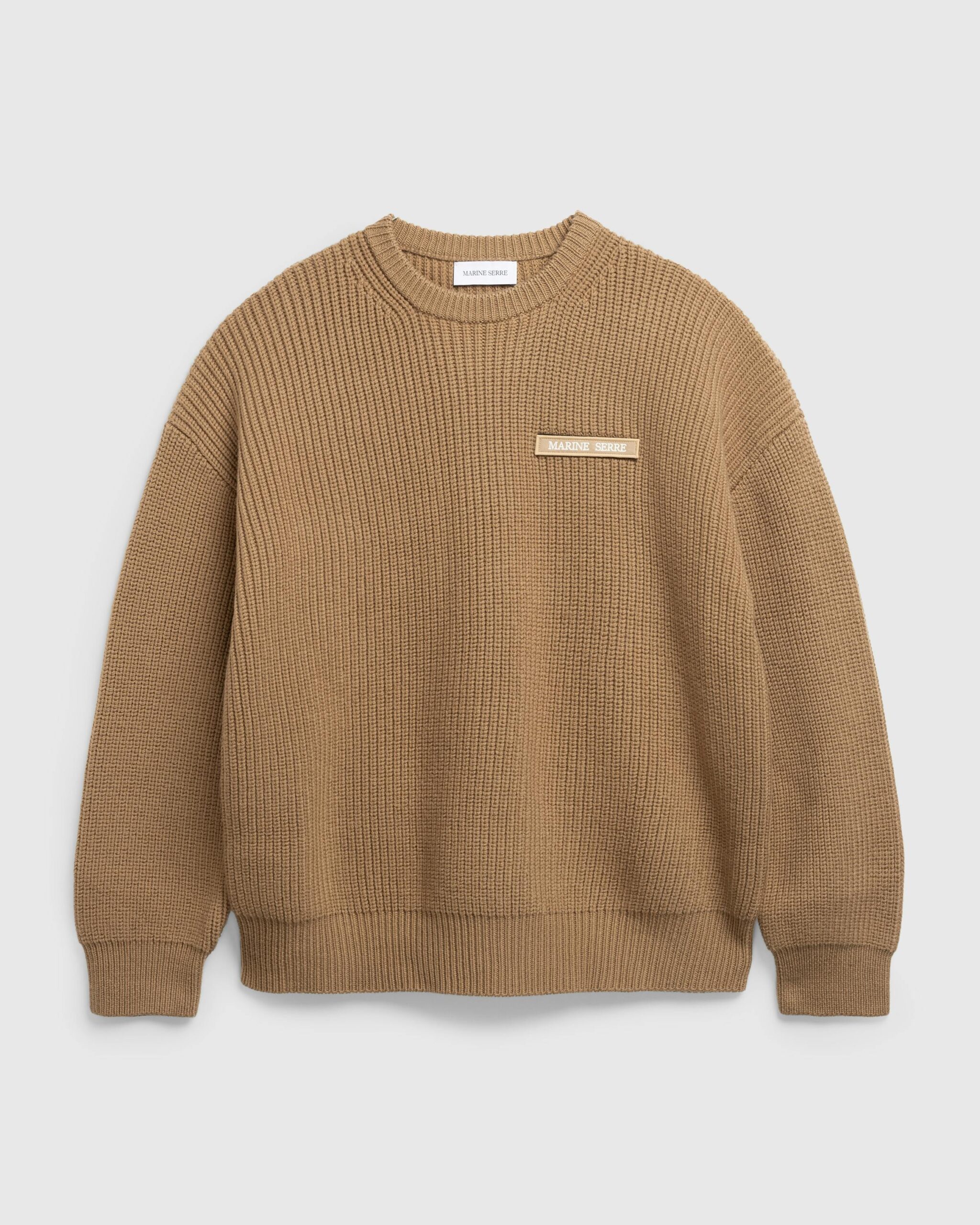 Marine Serre – MS Half Cardigan Knit Crewneck Sweater Camel - Crewnecks - Beige - Image 1