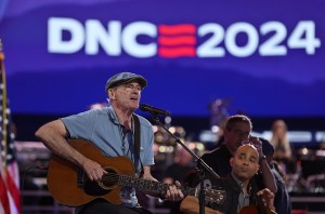 James Taylor rehearses during the first day of the Democratic National Convention at the United Center on August 19, 2024 in Chicago, Illinois.