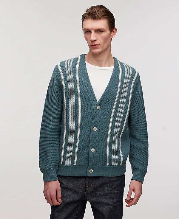 blue striped cardigan on model