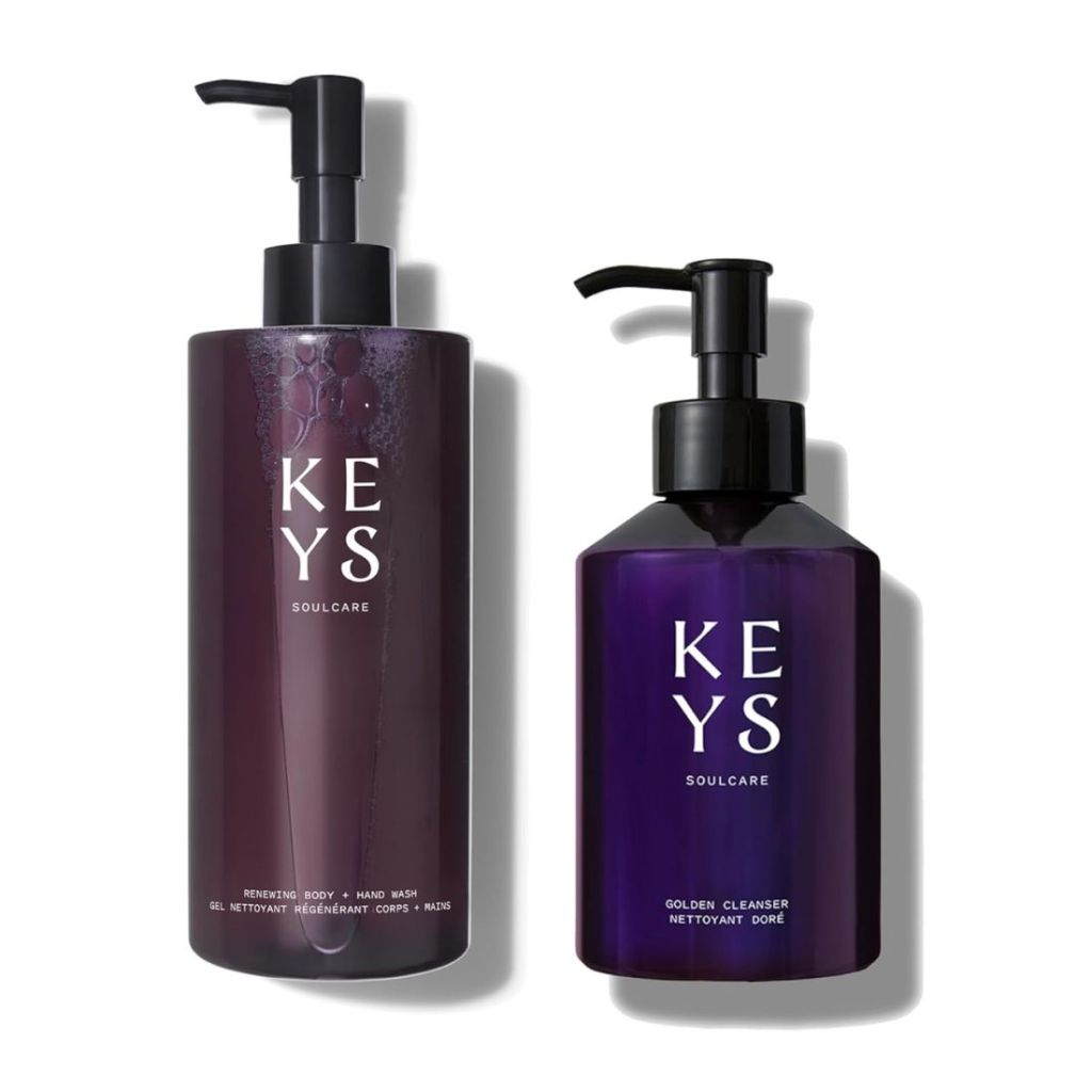 purple bottles of keys body wash and cleanser