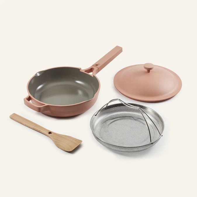 pink always pan with lid, spatula and steamer