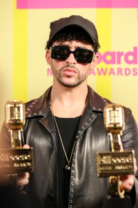 Bad Bunny, winner of the Top Latin Artist Award poses backstage for the 2021 Billboard Music Awards, broadcast on May 23, 2021 at Microsoft Theater in Los Angeles, California.