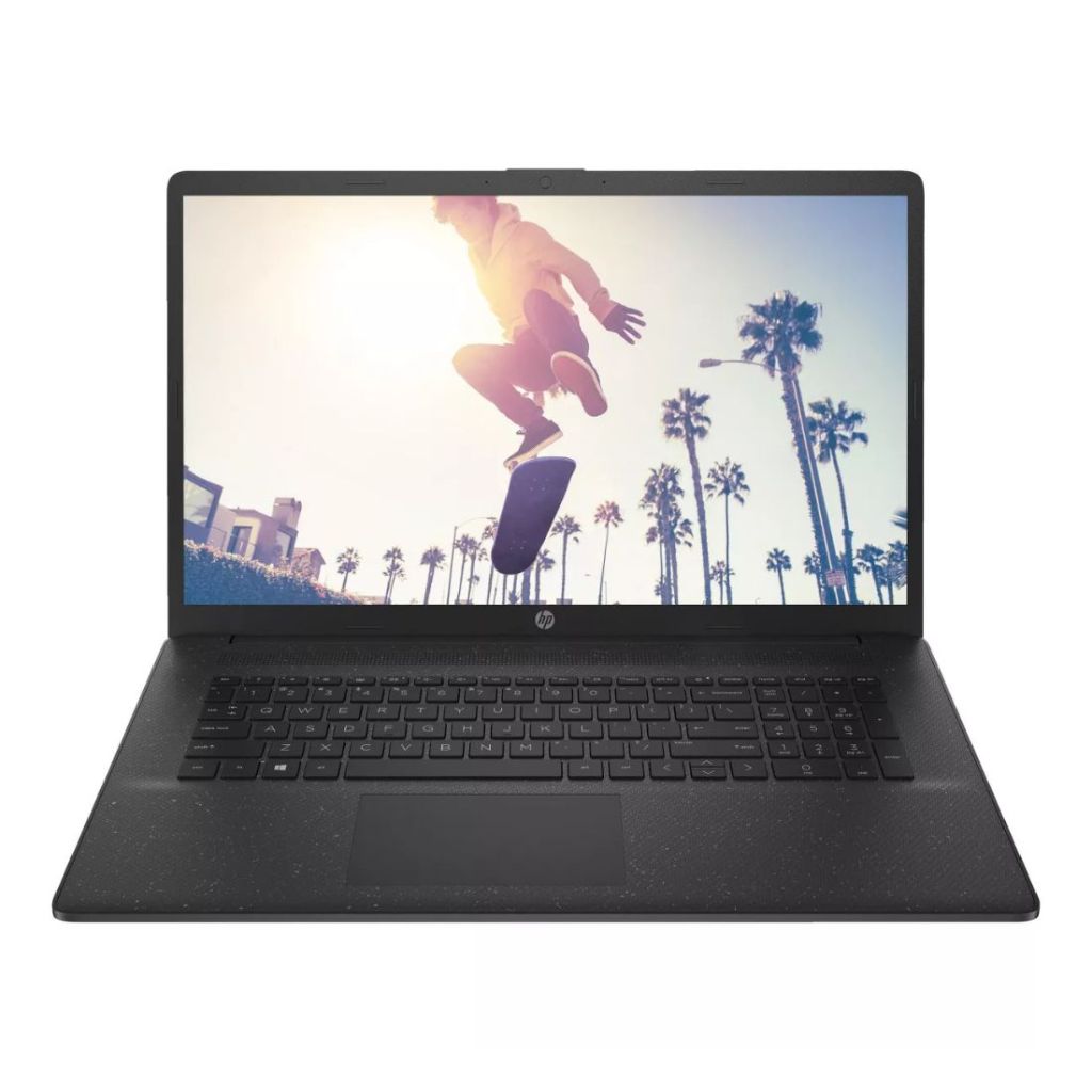 black hp laptop with screen saver of skateboarder